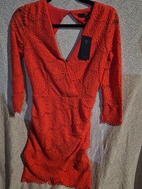 Bold Reddish Orange Lace V-Neck Bodycon Dress
